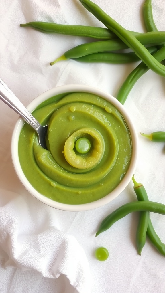 Smooth green bean puree in a bowl with fresh green beans beside it on a pastel tablecloth.
